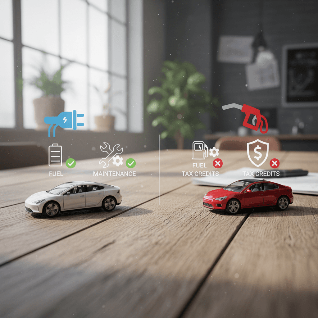 Illustrated comparison of a gas car and electric car with icons for fuel, maintenance and incentives, highlighting cost differences over time