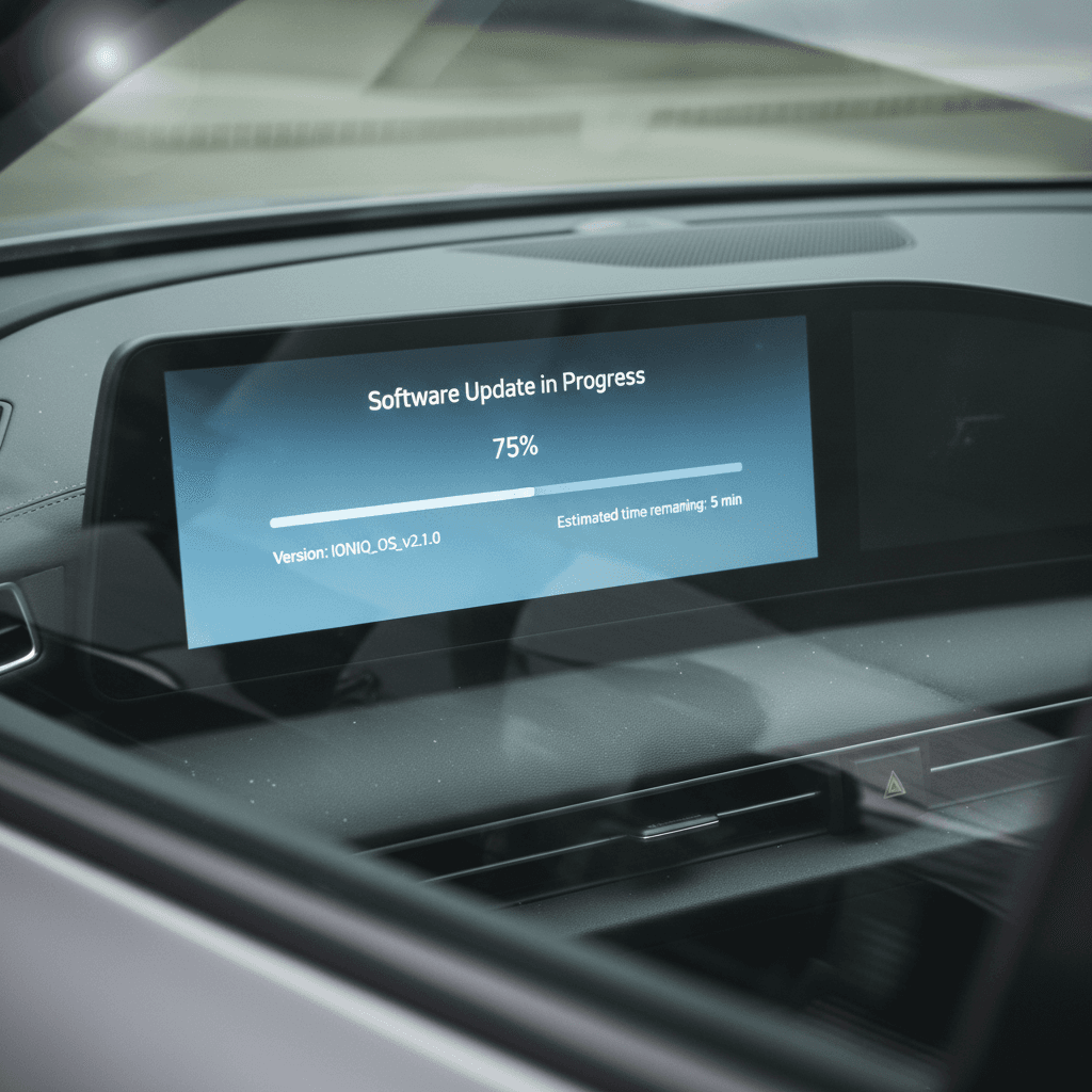 Hyundai Kona Electric infotainment screen showing a software update prompt and progress bar while the vehicle is parked
