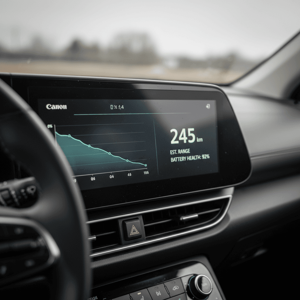 Instrument cluster showing an EV battery health graph and estimated range in a Hyundai Ioniq 5