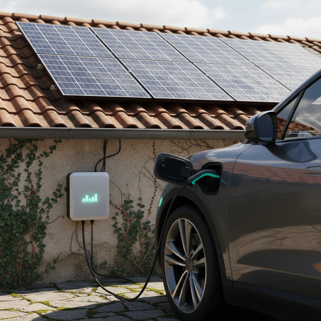 Home with rooftop solar panels and an electric car parked in the driveway