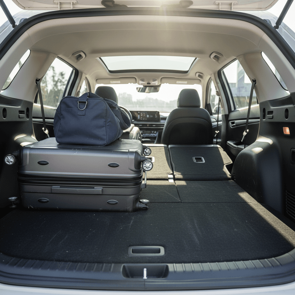 Chevy Blazer EV rear cargo area with one side of the second row folded to show flexible loading options for luggage and gear
