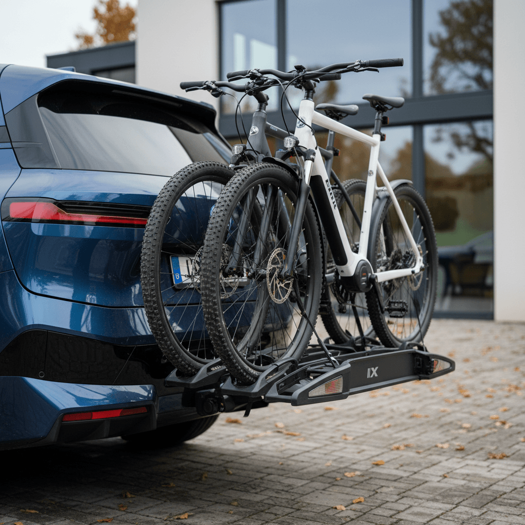 Hitch-mounted platform bike rack holding two e-bikes on the rear of a BMW iX in a driveway