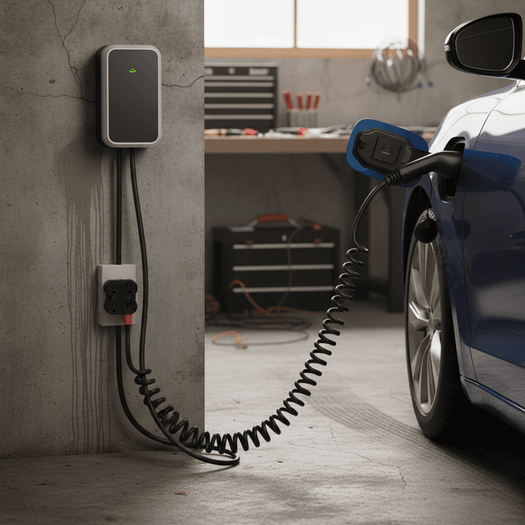 Portable Level 1 EV charging cable plugged into a standard 120V garage outlet next to an electric car