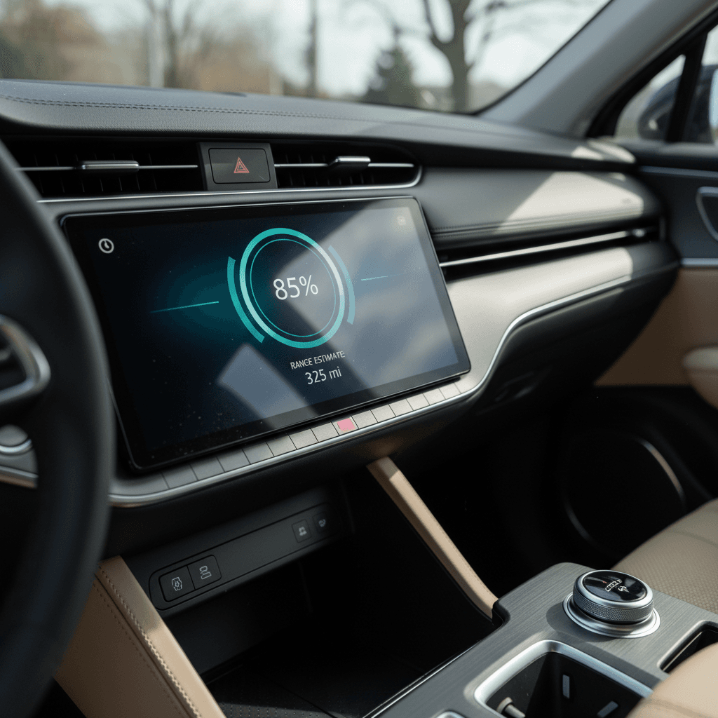 Genesis Electrified GV70 center touchscreen showing EV information, battery state of charge and range estimate