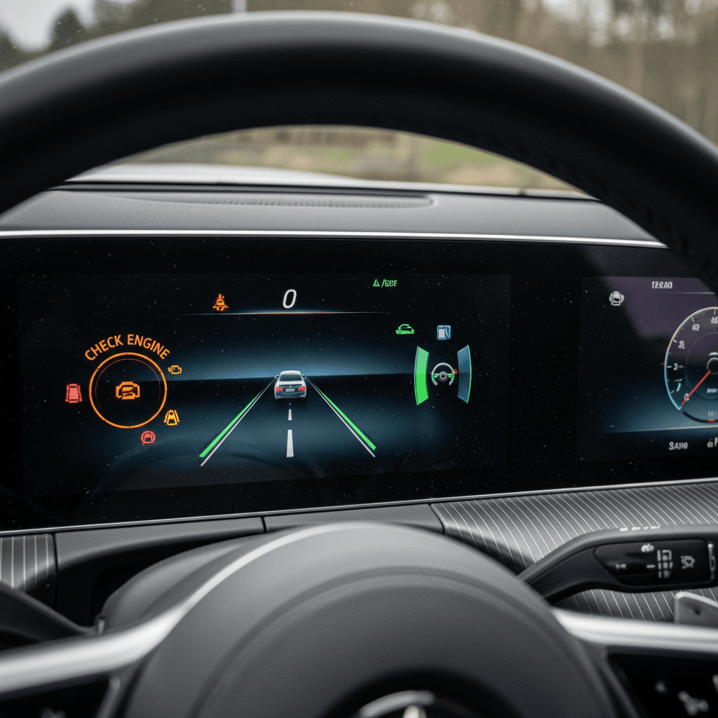Mercedes EQS digital dashboard showing charging status and warning messages