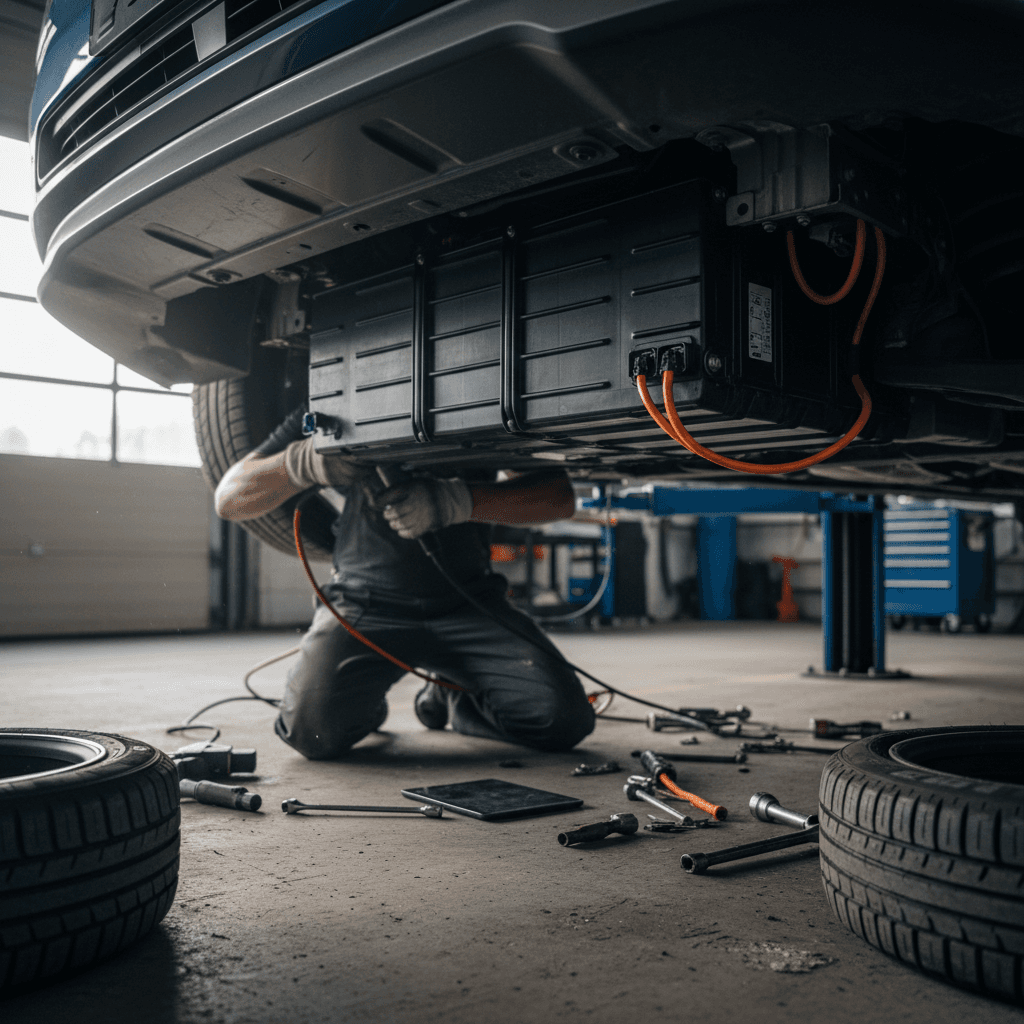 Electric vehicle driving on a snow-covered winter road with dedicated winter tires