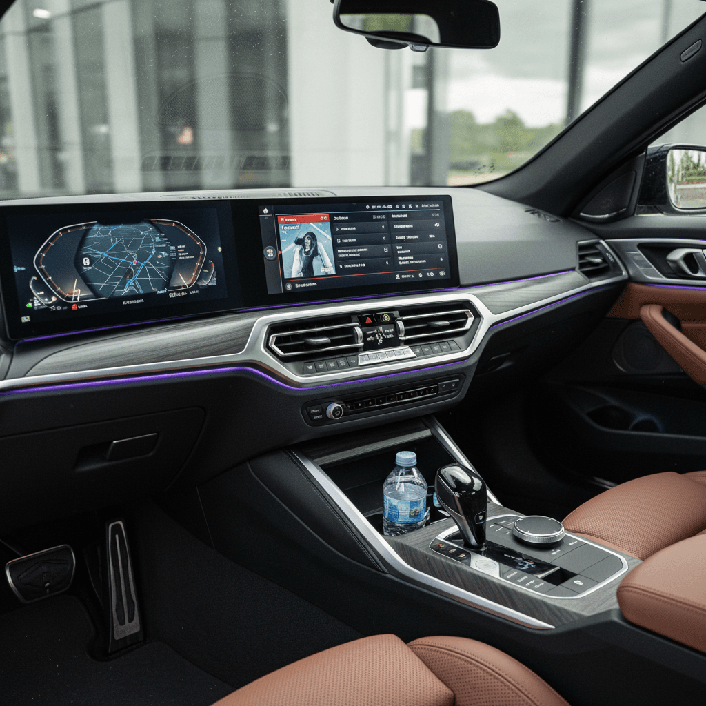 Interior of a 2023 BMW i4 showing dual widescreen display and front seats with ambient lighting