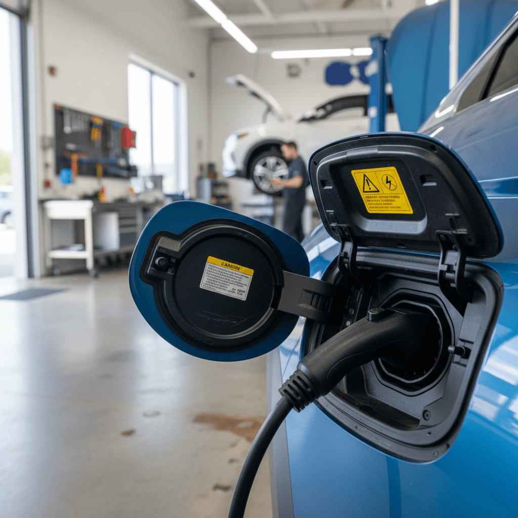 Hyundai IONIQ 5 plugged in at a fast charger with focus on charge port and high-voltage battery warning decals