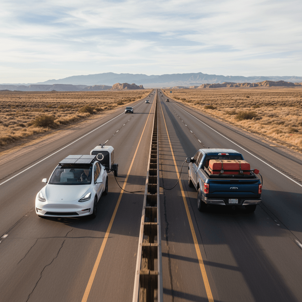 Electric car and gas car driving side-by-side on a highway during a road trip, illustrating cost comparison between EV and gas vehicles