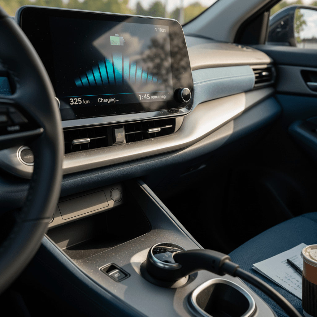 Driver comparing original rated range to current range on an EV dashboard display