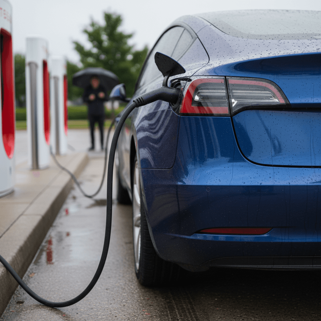 Tesla Model 3 charging at a Supercharger station with cable plugged into rear quarter panel