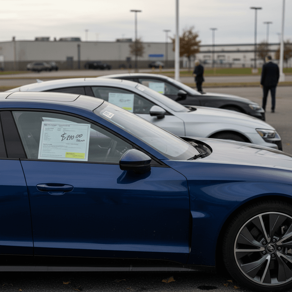 Row of pre-owned Audi e-tron GT electric sedans at a dealer lot with price stickers visible