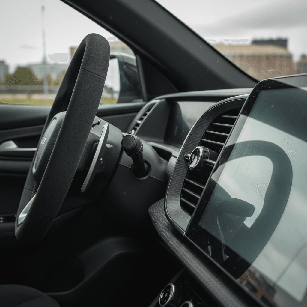 Cockpit of a modern electric performance car with a thick steering wheel and digital gauges