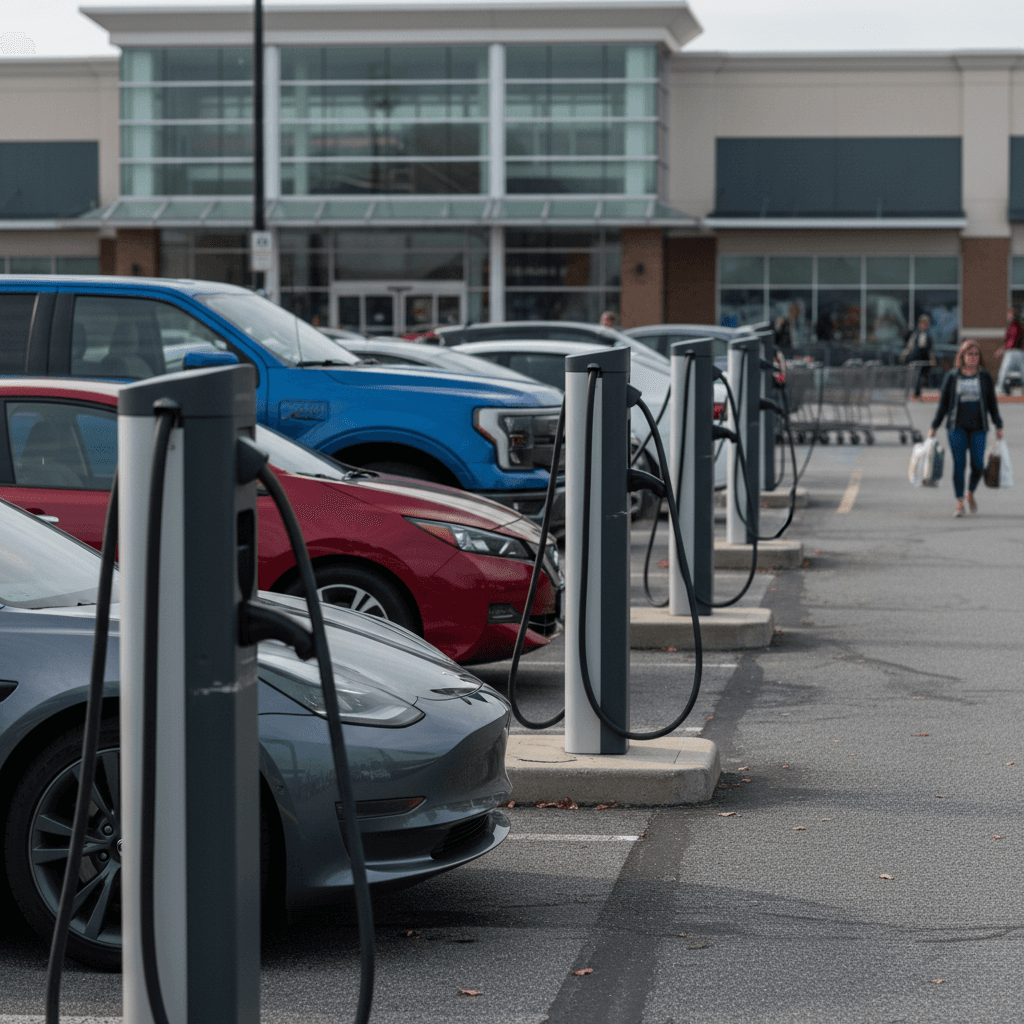 Mix of DC fast chargers and Level 2 EV charging stations in a Hampton Roads retail parking lot with several electric vehicles plugged in