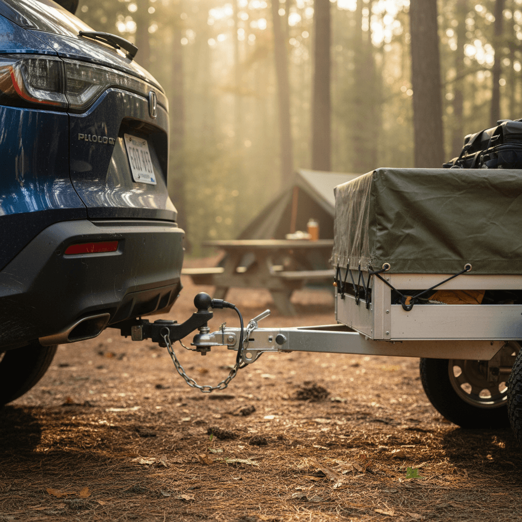 Honda Prologue hitched to a small camping trailer at a wooded campsite, charging cable plugged into the rear quarter panel