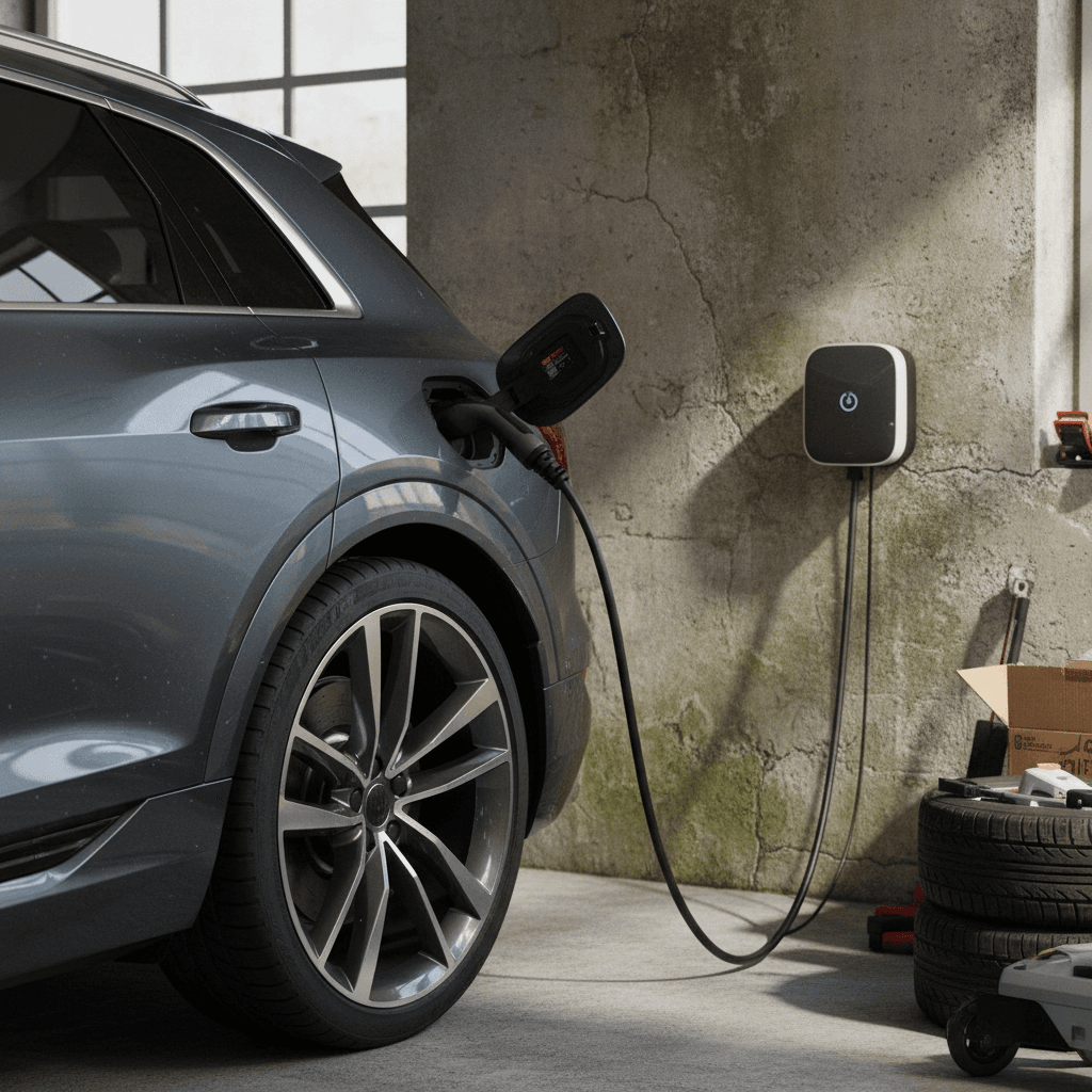 2024 Audi Q8 e-tron plugged into a home wallbox charger in a modern driveway