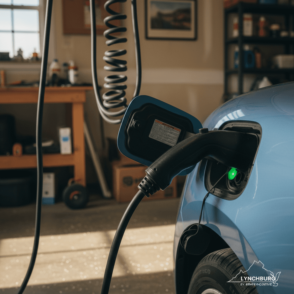 Level 2 home EV charger plugged into an electric car in a Virginia garage