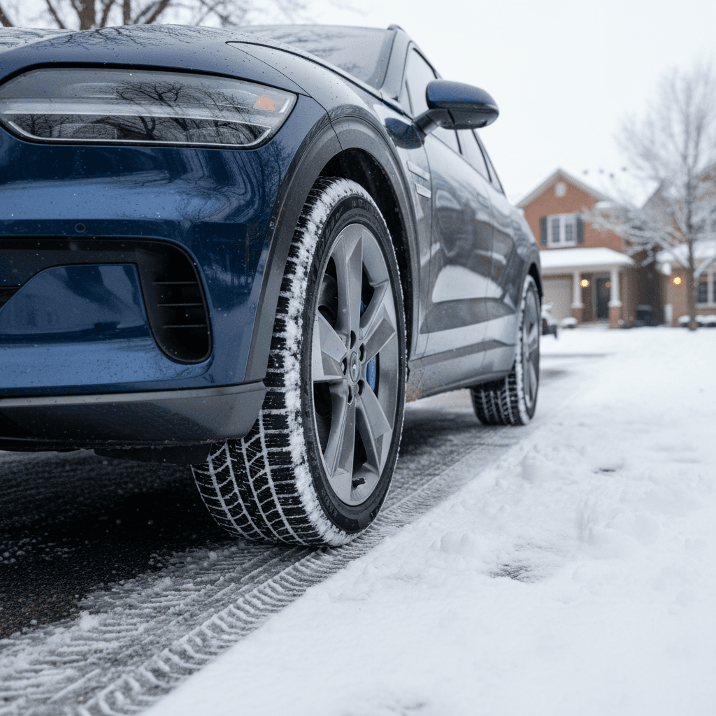 Genesis GV60 parked in a light snowfall showing its tires and modest ground clearance in a suburban driveway