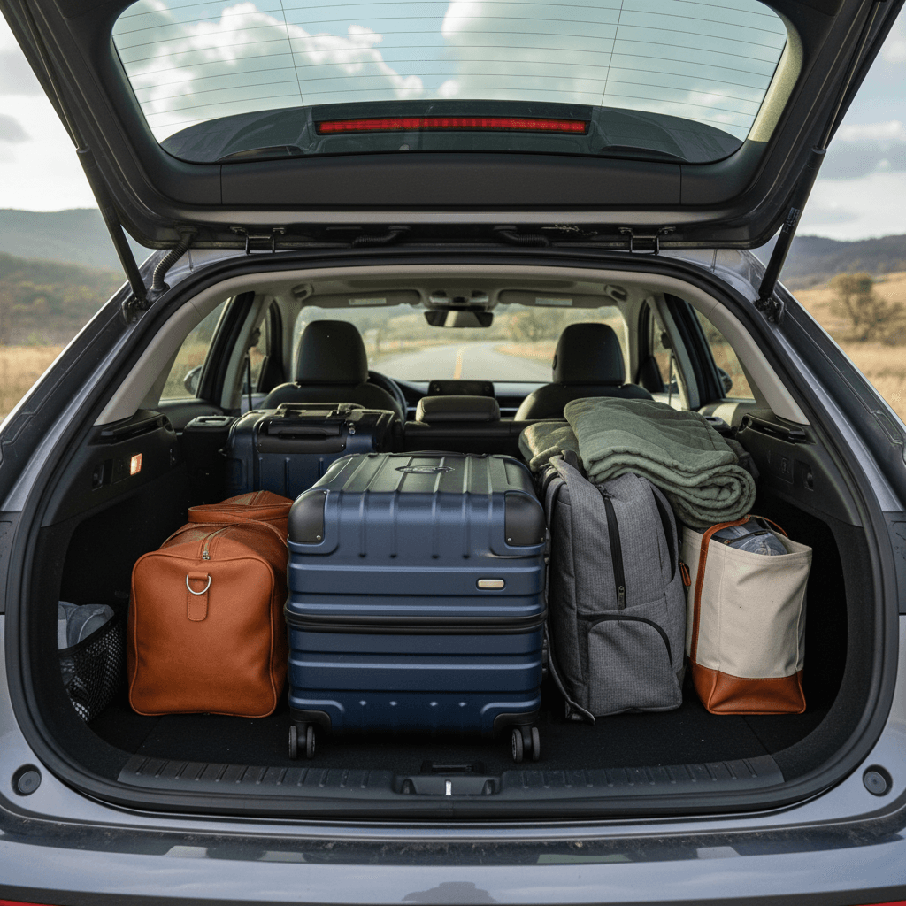 Hyundai Ioniq 6 rear cargo area with the rear seats folded down, showing an extended flat load floor filled with luggage