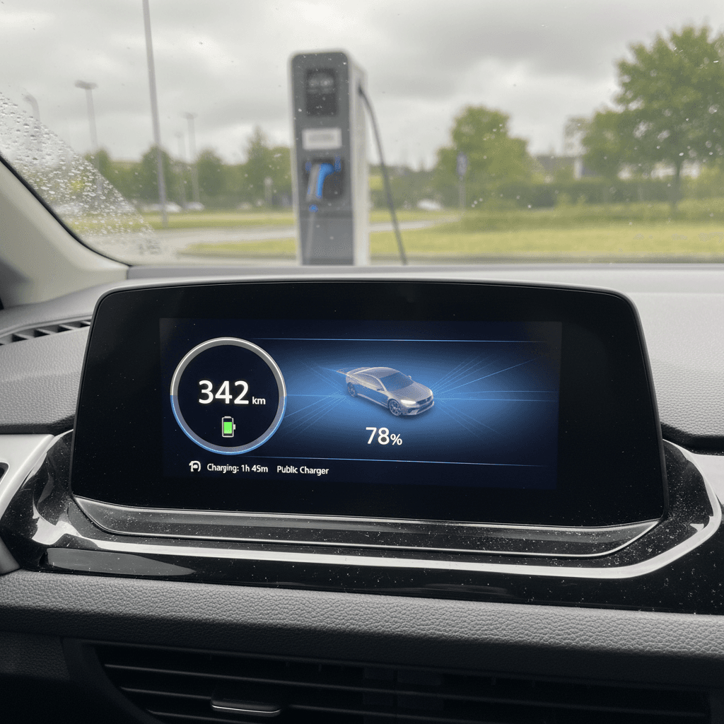 Volkswagen ID.4 plugged into a public fast charger with the digital cluster showing remaining range on a cloudy day