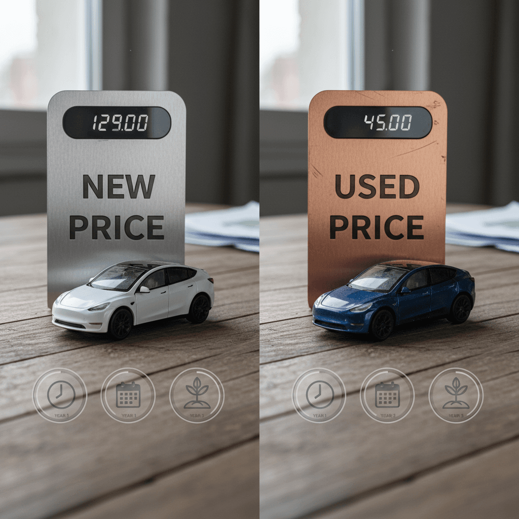 Side by side comparison of new and used Tesla Model Y price tags linked by a three year timeline