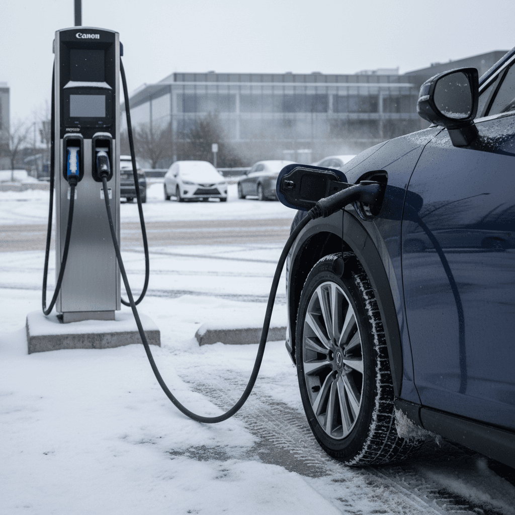Lexus RZ 450e charging at a fast charger in a snowy parking lot, illustrating winter range impact