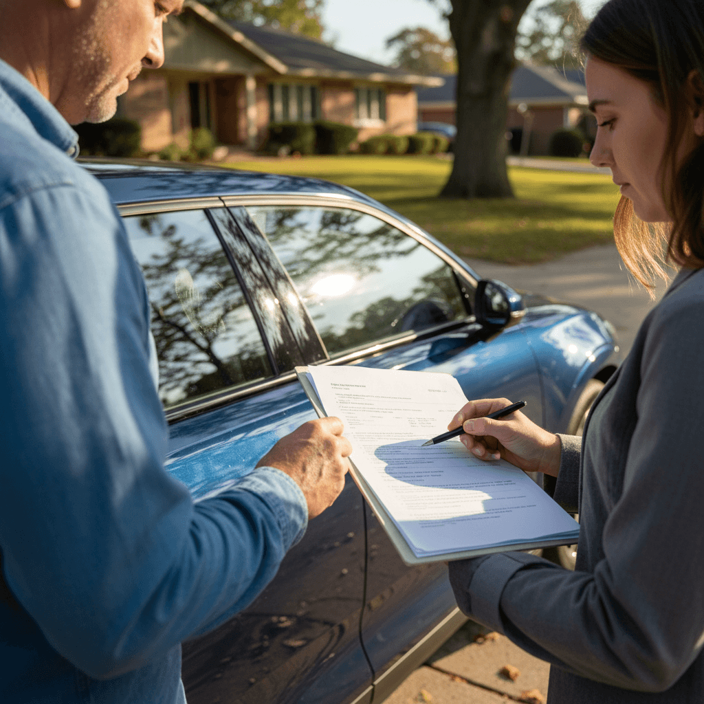 Seller and buyer standing next to a Polestar 2 reviewing paperwork in a driveway before a test drive