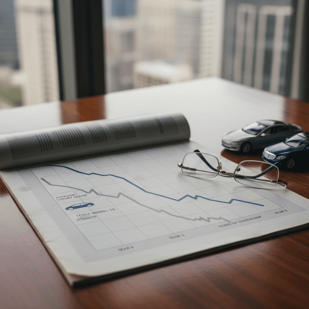 Illustrative graph comparing Tesla Model S depreciation curve to an average luxury sedan over the first five years of ownership