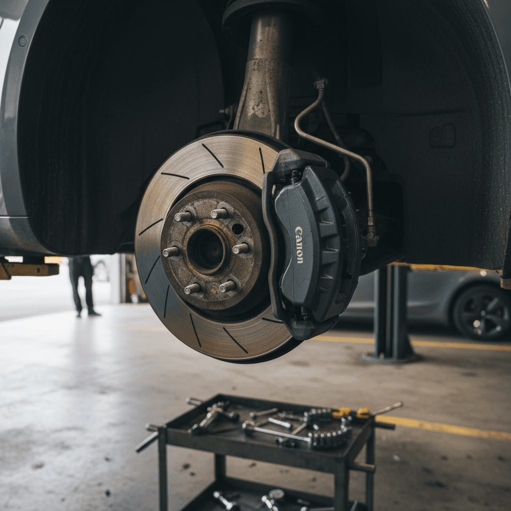 Tesla Model 3 brake and wheel assembly on a lift during inspection