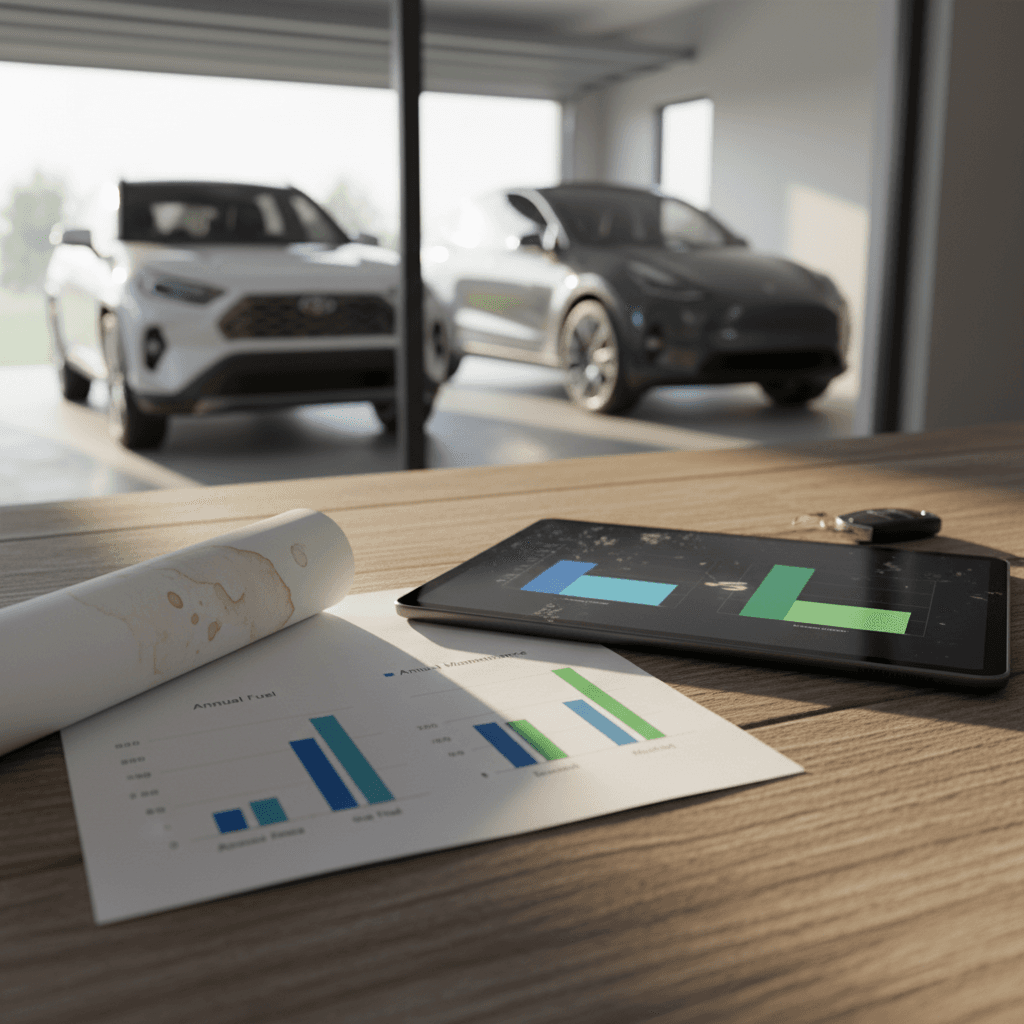 Side-by-side comparison graphic showing annual fuel and maintenance costs for a Toyota RAV4 versus a Tesla Model Y