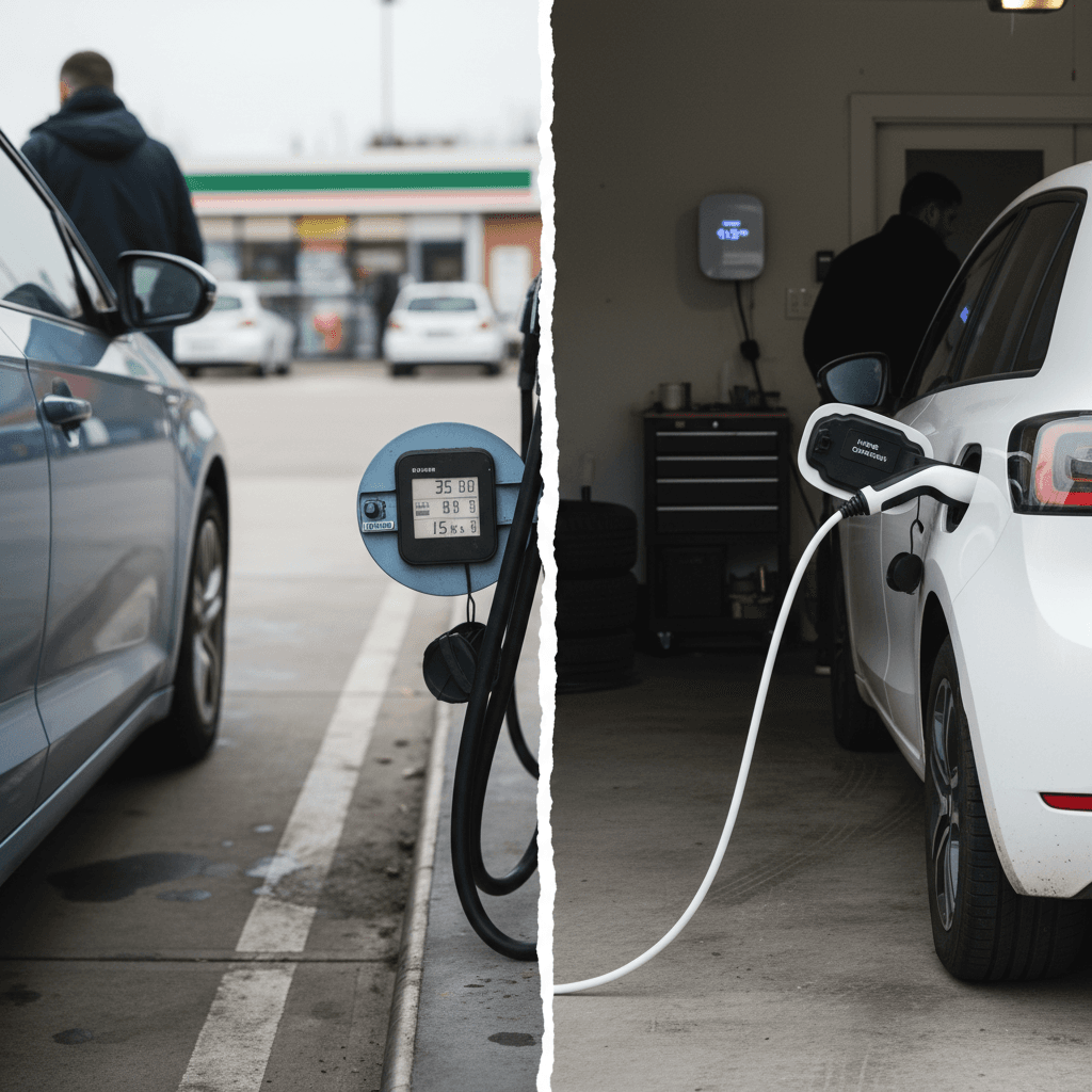 Driver comparing annual fuel and electricity costs between a hybrid car and an electric vehicle on a tablet screen