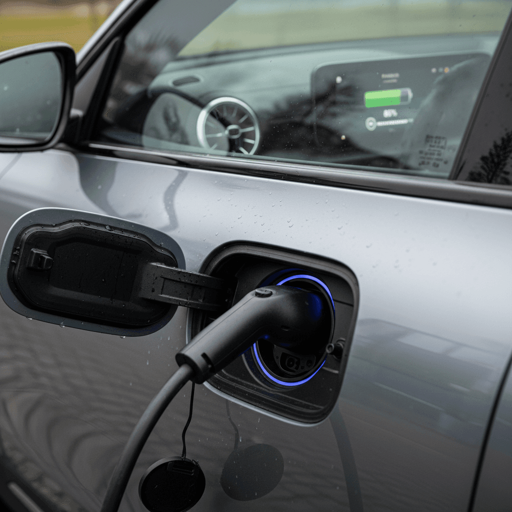 Close-up view of a Mercedes EQB charging port and dashboard showing battery status and remaining range