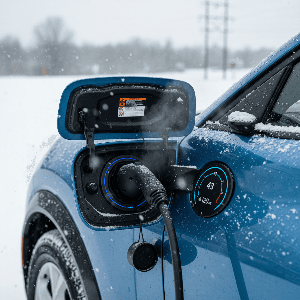 Ford Mustang Mach‑E plugged into a public charger in winter with snow on the ground, showing reduced range on the dashboard