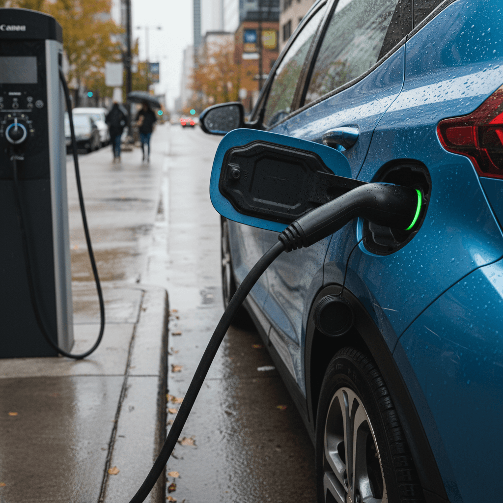 Chevy Bolt EV plugged into a public fast charger at a modern station