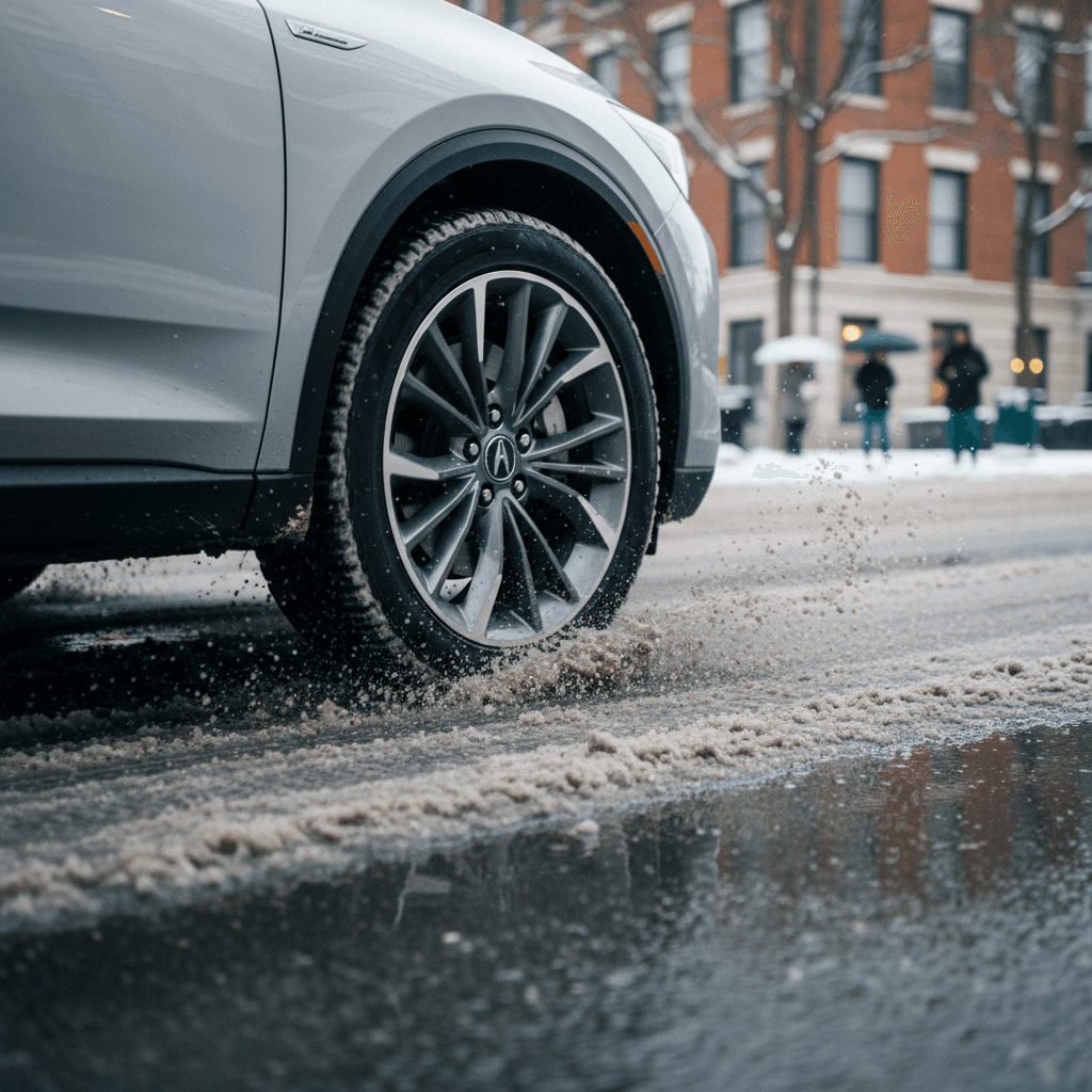 Acura ZDX front wheel driving through slushy snow with winter tire tread clearly visible