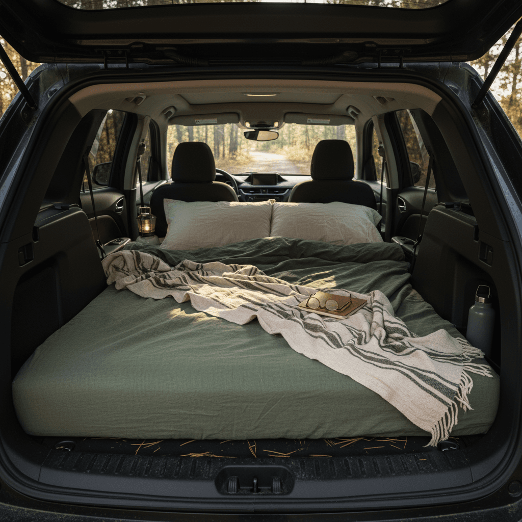 Rear seats of a Chevrolet Blazer EV folded flat with a camping mattress and sleeping bag arranged in the cargo area