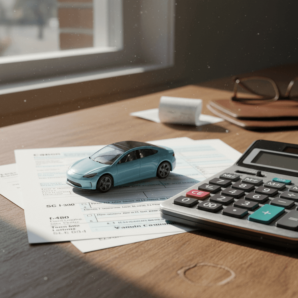 Tax documents and calculator on a desk next to a small electric car model, symbolizing EV tax planning