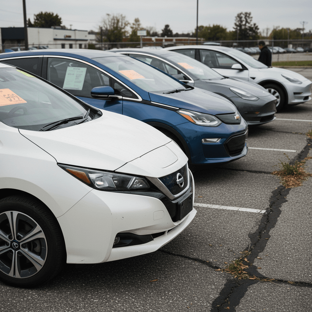 Row of used electric cars lined up on a dealership lot at sunset