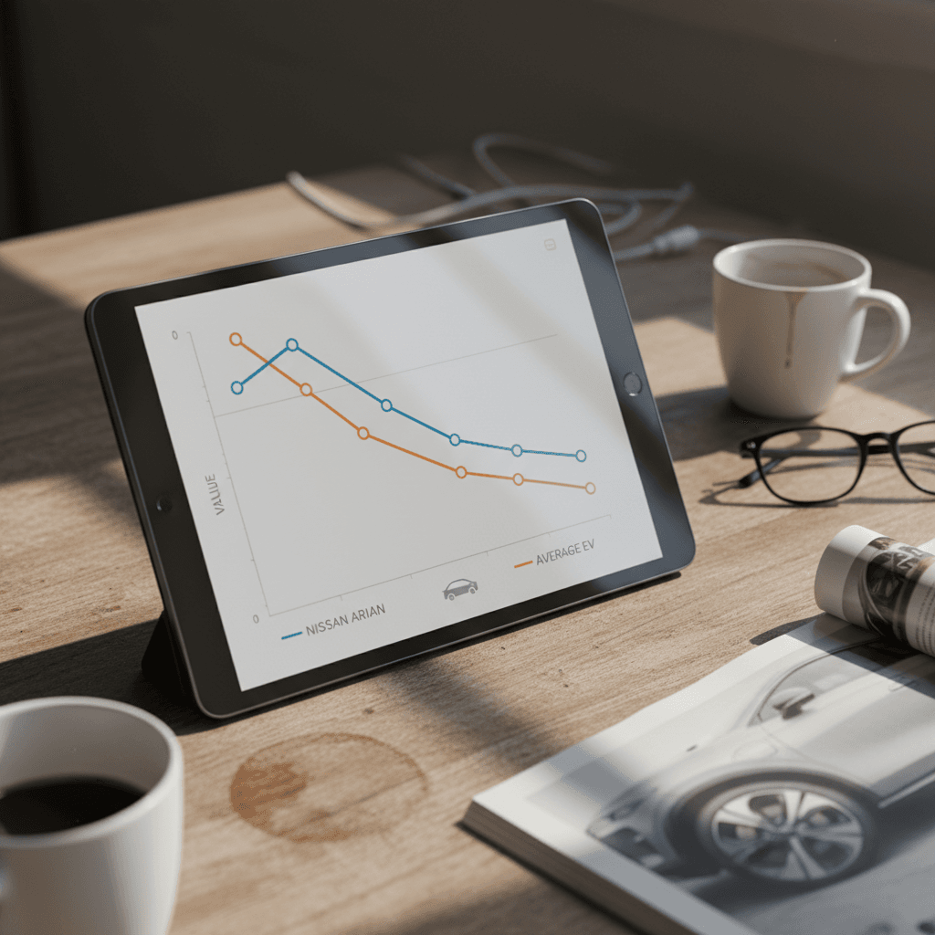 Illustrated line chart comparing Nissan Ariya depreciation curve over five years with the average EV depreciation line.