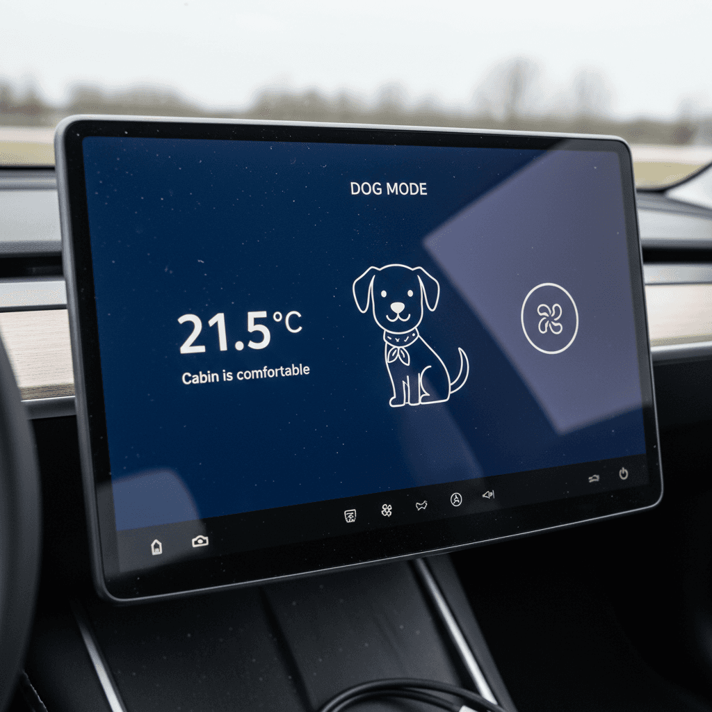 Tesla center touchscreen showing Dog Mode active with cartoon dog graphic and cabin temperature readout