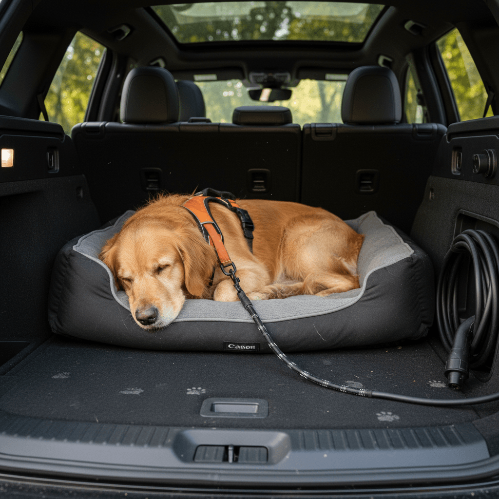 Medium-size dog resting in the back of a compact electric SUV, harness clipped to a cargo tie-down while the vehicle charges