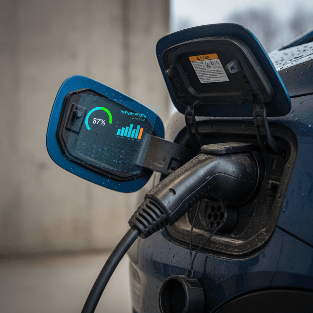 Chevrolet Bolt EUV plugged into a Level 2 home charger with a stylized battery health graphic showing gradual capacity decline over time