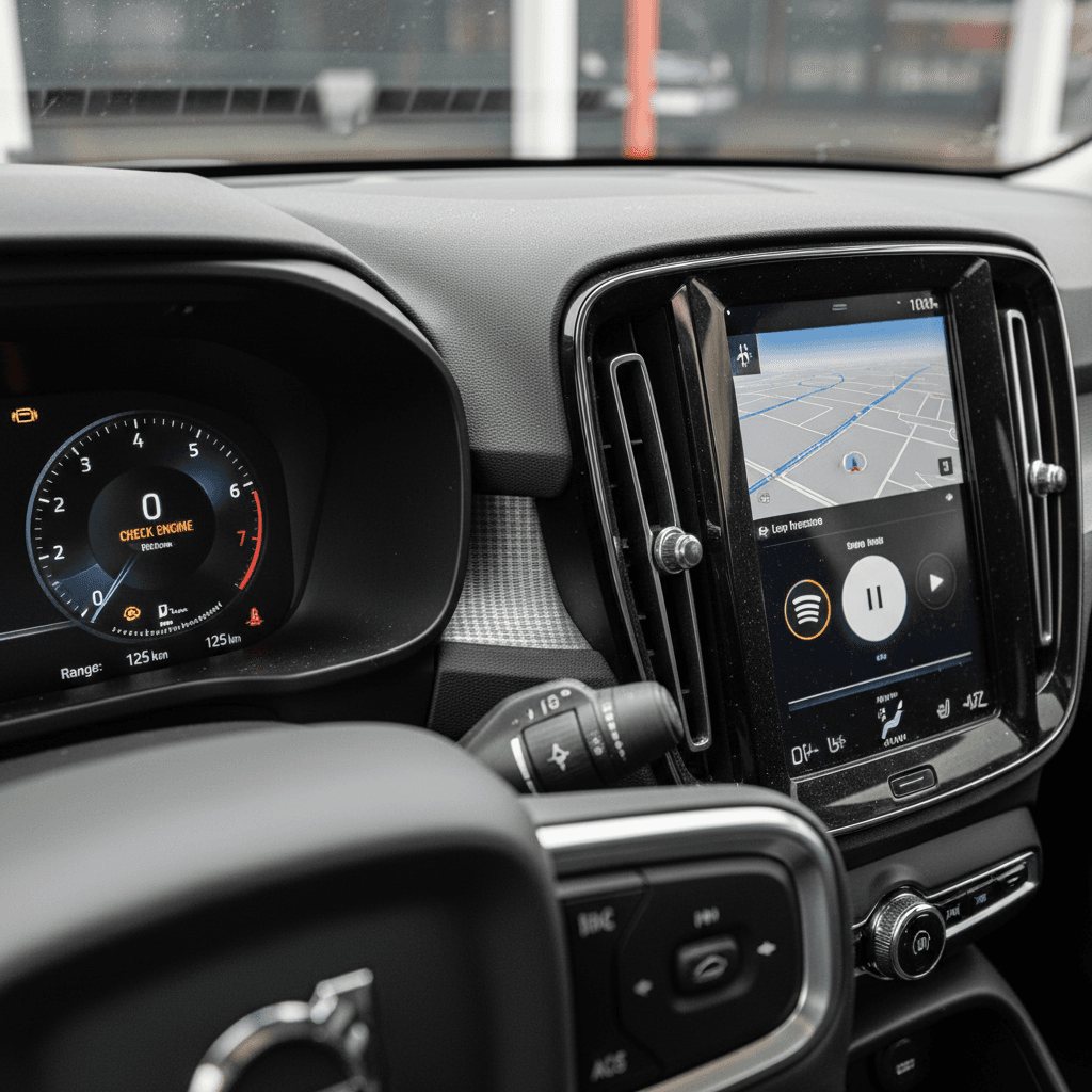 Digital dashboard of a Volvo XC40 Recharge showing warning icons and infotainment screen