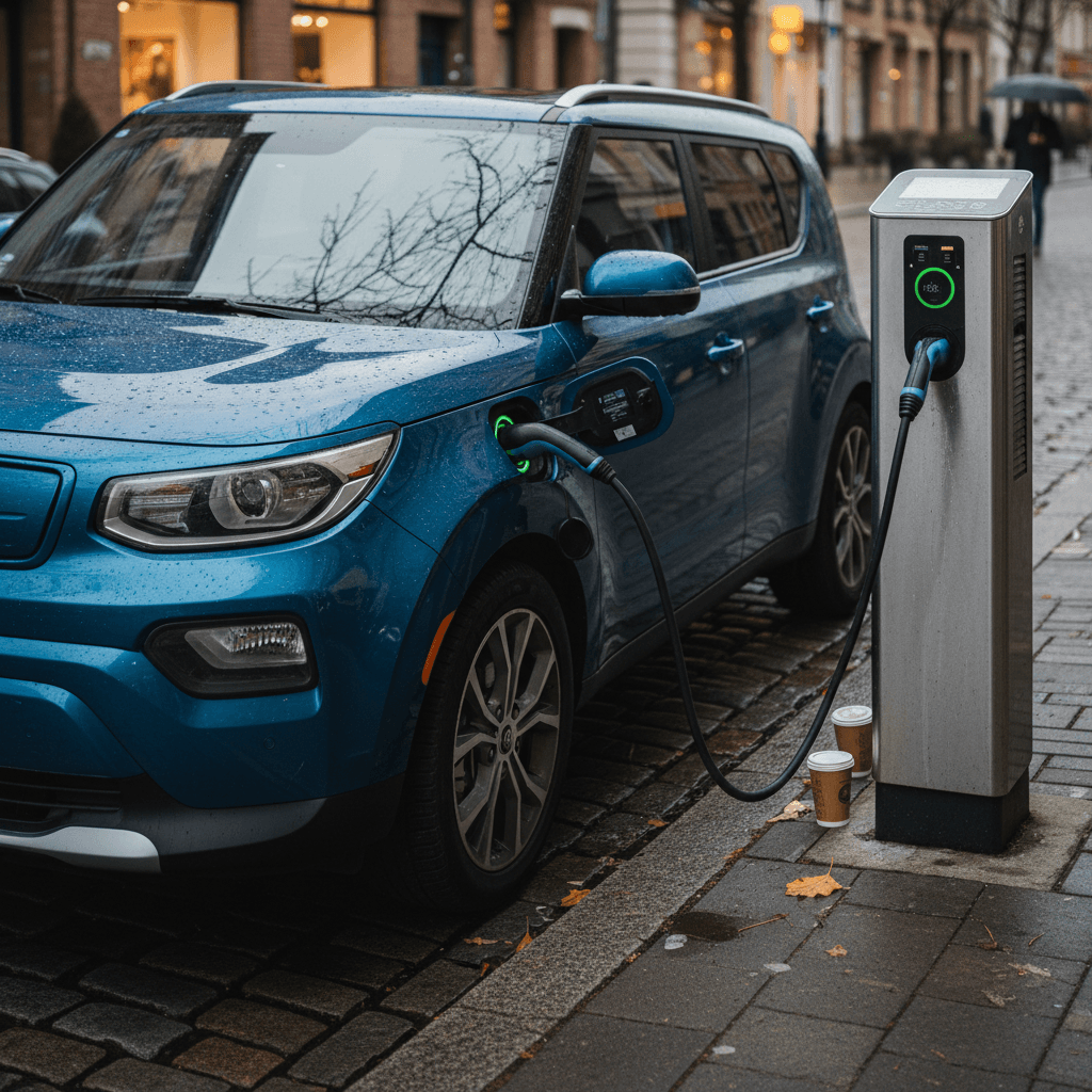 Compact European-style electric hatchback parked on a city street