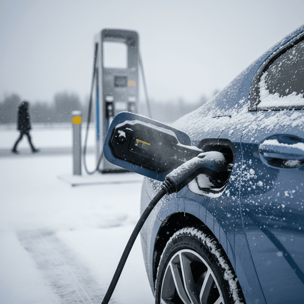 BMW i5 charging at a public fast charger in winter with snow on the car and around the station