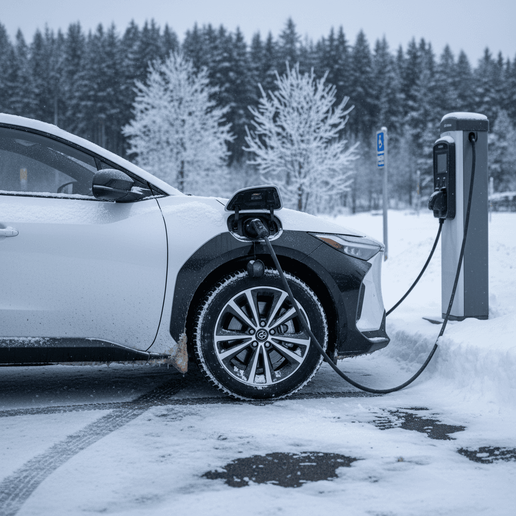 Toyota bZ4X charging at a public station on a snowy winter day