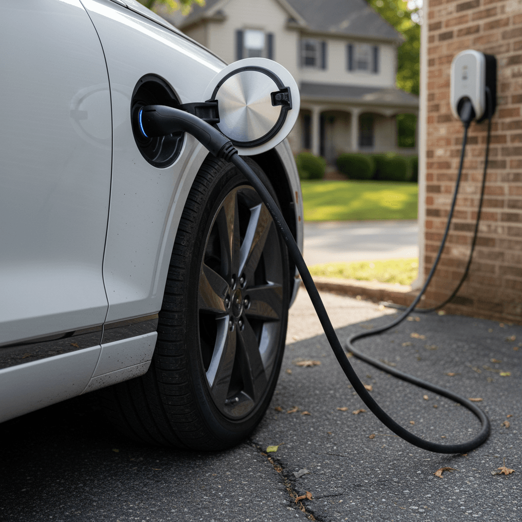 Genesis Electrified GV70 plugged into a home wallbox charger in a modern driveway