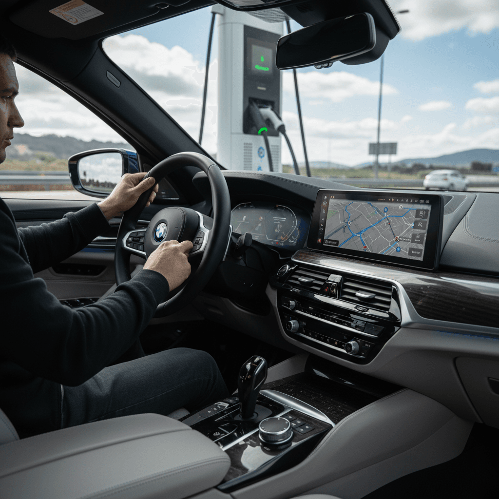 BMW i5 charging at a highway DC fast charging station while driver checks road-trip route on infotainment screen