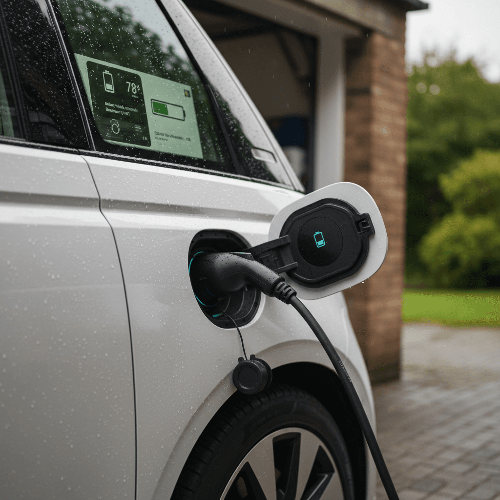 Volkswagen ID. Buzz plugged into a home wallbox charger showing battery status on the dashboard screen