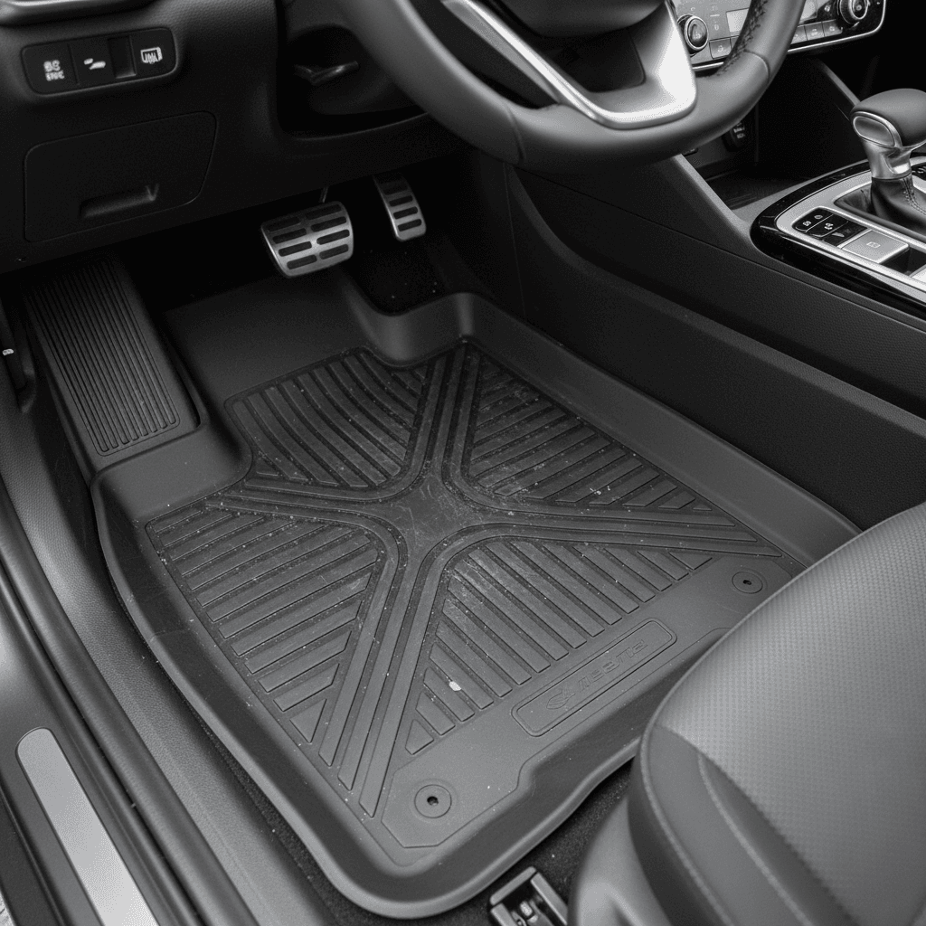 Close-up of fitted all-weather floor liners in a Hyundai IONIQ 5 front seat area, showing raised edges and textured grooves catching dirt and water